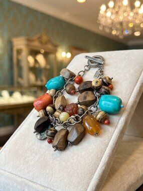 Peyote Bird Sterling Silver Wood Gem Charm Bracelet
